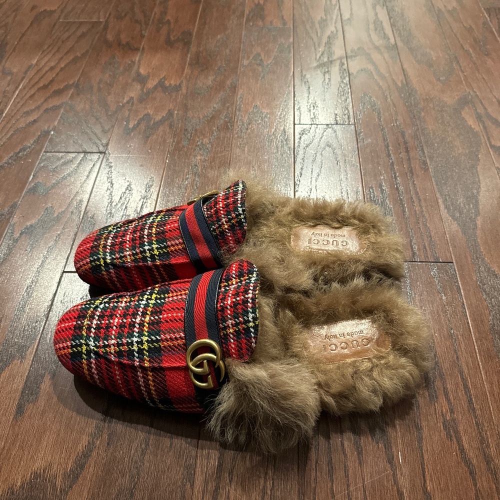 Gucci Princetown Red Tartan Fur Lined Slippers